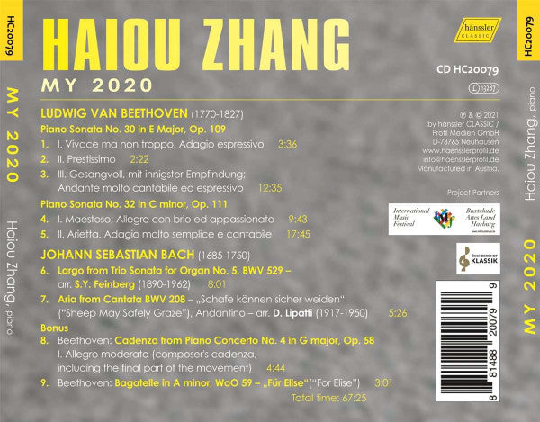 Haiou Zhang, Ludwig van Beethoven, Johann Sebastian Bach : My 2020 (CD, Album)