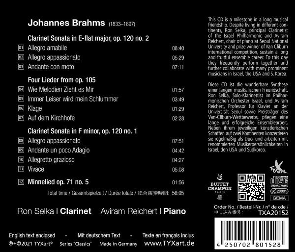 Johannes Brahms, Ron Selka, Aviram Reichert : Clarinet Sonatas; Five Lieder (CD, Album)