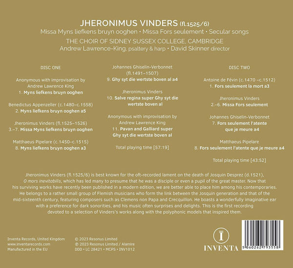 Jheronimus Vinders - The Choir Of Sidney Sussex College, Cambridge, David Skinner (4) : Missa Myns Liefkens Bruyn Ooghen; Missa Fors Seulement; Secular Songs (2xCD, Album)