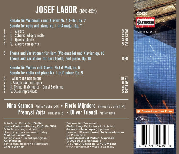Josef Labor, Nina Karmon, Floris Mijnders, Přemysl Vojta, Oliver Triendl : Violin Sonata Op. 5; Cello Sonata Op. 7; Theme And Variations Op. 10 (CD, Album)