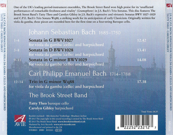 The Brook Street Band, Johann Sebastian Bach & Carl Philipp Emanuel Bach, Tatty Theo, Carolyn Gibley : Sonatas For Viola Da Gamba And Harpsichord (Transcribed For Cello) (CD)