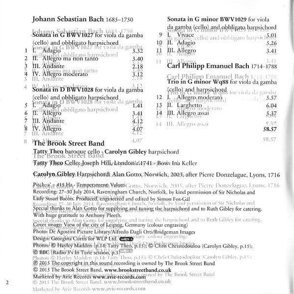 The Brook Street Band, Johann Sebastian Bach & Carl Philipp Emanuel Bach, Tatty Theo, Carolyn Gibley : Sonatas For Viola Da Gamba And Harpsichord (Transcribed For Cello) (CD)