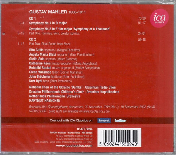 Gustav Mahler, Капела "Думка", Ukrainian Radio Choir, Kinderchor Des Philharmonischen Chores Dresden, Dresdner Kapellknaben, Nederlands Philharmonisch Orkest (2), Hartmut Haenchen, Rita Cullis, Angela Maria Blasi, Ofelia Sala, Catherine Keen, Reinhild Run : Symphony No. 1, Symphony No. 8  (2xCD)