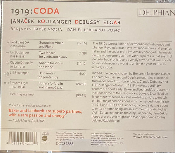 Benjamin Baker, Daniel Lebhardt, Leoš Janáček, Lili Boulanger, Claude Debussy, Sir Edward Elgar : 1919: Coda (CD, Album)