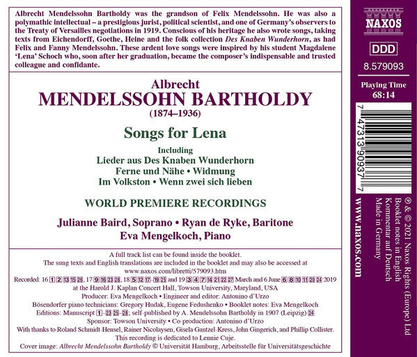 Albrecht Mendelssohn Bartholdy, Julianne Baird, Ryan de Ryke, Eva Mengelkoch : Songs For Lena (CD, Album)