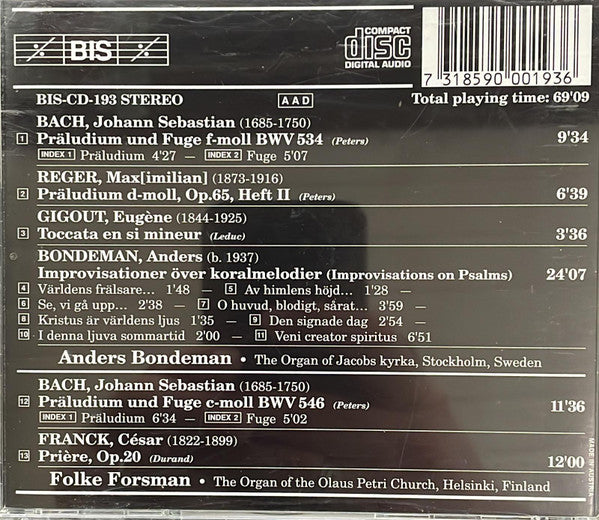 Anders Bondeman, Folke Forsman : Bach, Reger, Gigout Bondeman, Franck (CD, Album)