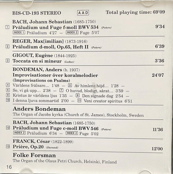 Anders Bondeman, Folke Forsman : Bach, Reger, Gigout Bondeman, Franck (CD, Album)