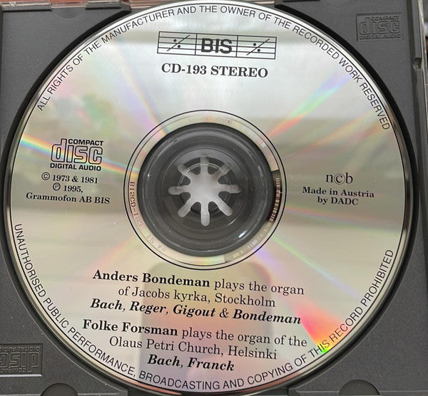 Anders Bondeman, Folke Forsman : Bach, Reger, Gigout Bondeman, Franck (CD, Album)