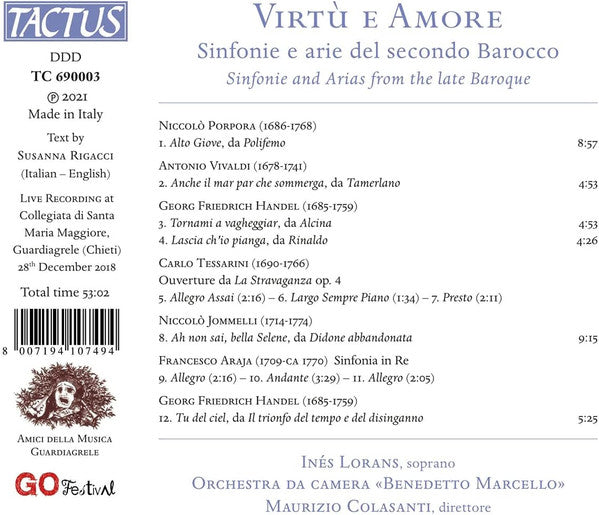 Inés Lorans, Orchestra Da Camera "Benedetto Marcello", Maurizio Colasanti (2) : Virtù E Amore: Sinfonie E Arie Del Secondo Barocco (CD, Album)