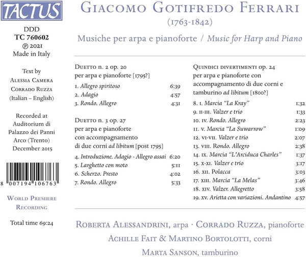 Giacomo Gotifredo Ferrari, Roberta Alessandrini, Corrado Ruzza : Musiche Per Arpa E Pianoforte (CD, Album)