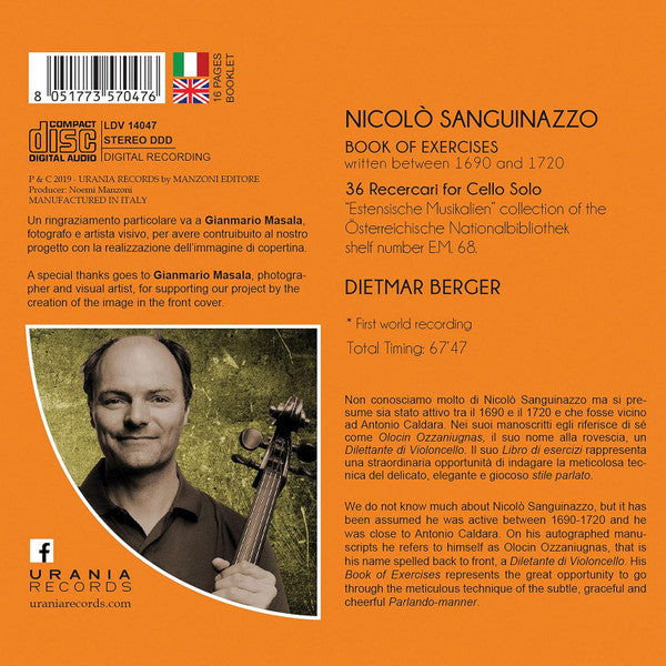 Niccolò Sanguinazzo, Dietmar Berger : Dilettante di Violoncello - Book Of Exercises 36 Recercari For Cello Solo (CD, Album)