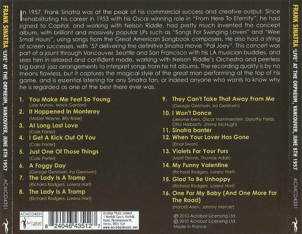 Frank Sinatra : 'Live' At The Orpheum, Vancouver, June 8th 1957 (CD, Album)