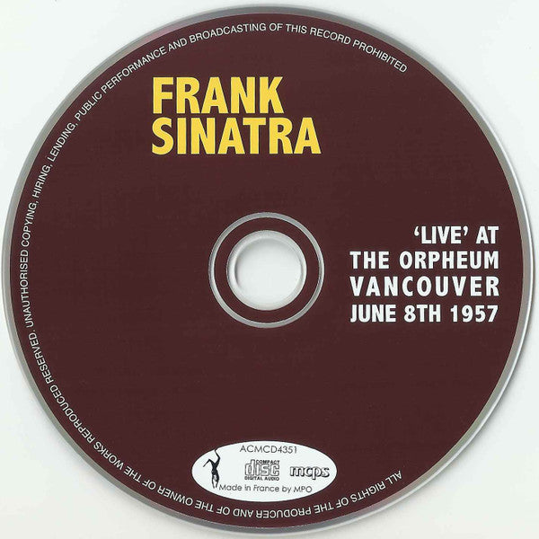 Frank Sinatra : 'Live' At The Orpheum, Vancouver, June 8th 1957 (CD, Album)