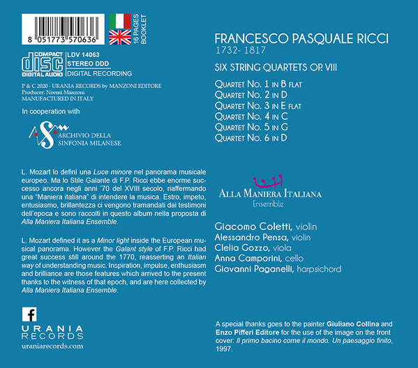 Francesco Pasquale Ricci, Alla Maniera Italiana : Six String Quartets Op. VIII (CD, Album)