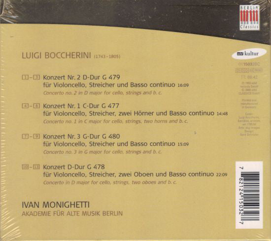 Luigi Boccherini - Ivan Monighetti, Akademie Für Alte Musik Berlin : Cellokonzerte (Cello Concertos) (CD, Album, RE)