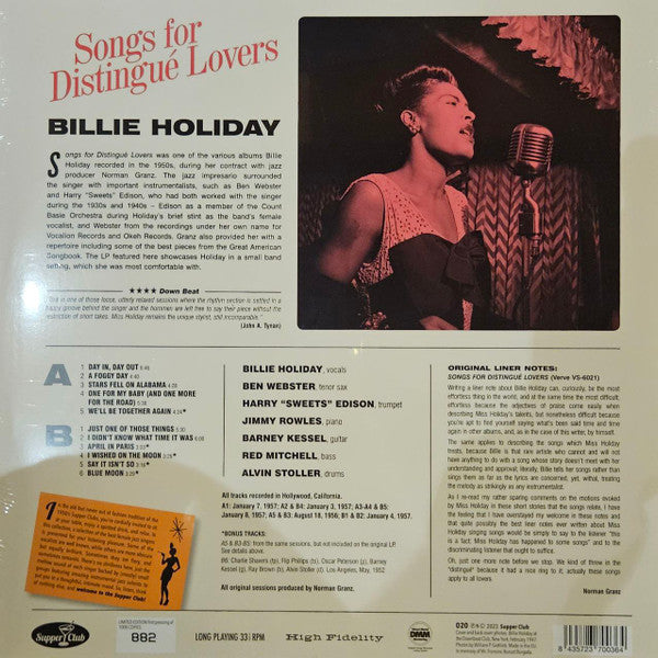 Billie Holiday : Songs For Distingué Lovers (LP, Album, Ltd, Num, RE)