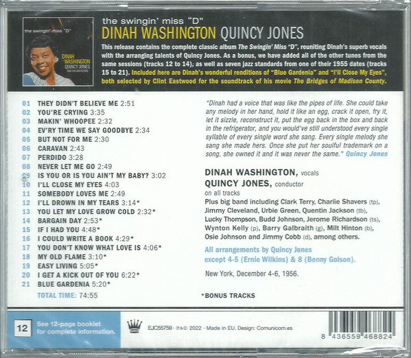 Dinah Washington With Quincy Jones And His Orchestra : The Swingin' Miss "D" (CD, Comp, RE)