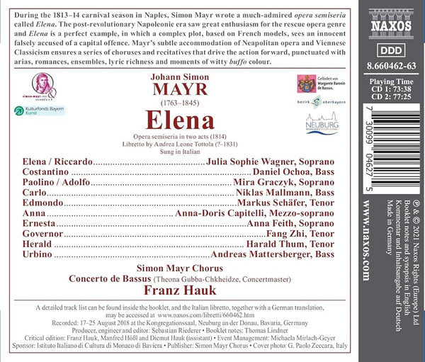 Johannes Simon Mayr, Julia Sophie Wagner, Daniel Ochoa, Mira Graczyk, Niklas Mallmann (2), Markus Schäfer (5), Anna-Doris Capitelli, Anna Feith, Fang Zhi, Harald Thum (2), Andreas Mattersberger, Simon Mayr Chorus, Concerto de Bassus, Franz Hauk : Elena (2xCD, Album)