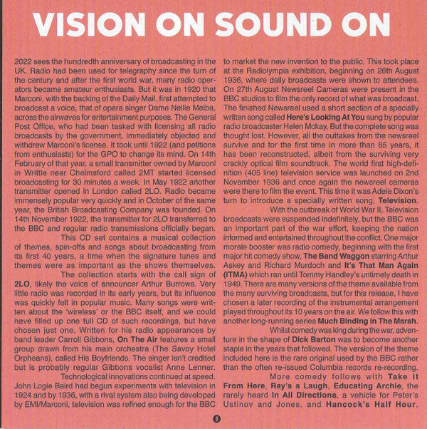 Various : Vision On Sound On (Themes And Rarities Celebrating The Centenary Of UK Broadcasting) (CD, Comp, Mono)