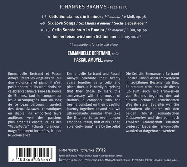 Johannes Brahms, Emmanuelle Bertrand, Pascal Amoyel : Sonatas & Liebeslieder For Cello And Piano (CD, Album)