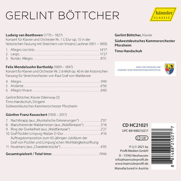 Gerlint Böttcher, Südwestdeutsches Kammerorchester, Timo Handschuh, Ludwig van Beethoven, Felix Mendelssohn-Bartholdy, Günther Franz Kasseckert : Piano Concerto No. 1; Piano Concerto No. 2; Piano Works (CD, Album)
