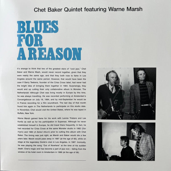 The Chet Baker Quintet Featuring Warne Marsh : Blues For A Reason (LP, Album, RE, S/Edition)