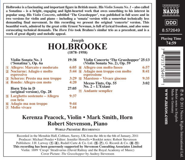Joseph Holbrooke - Kerenza Peacock, Mark Smith (63), Robert Stevenson (19) : Violin Concerto "The Grasshopper" • Violin Sonata No. 1 • Horn Trio (CD, Album)