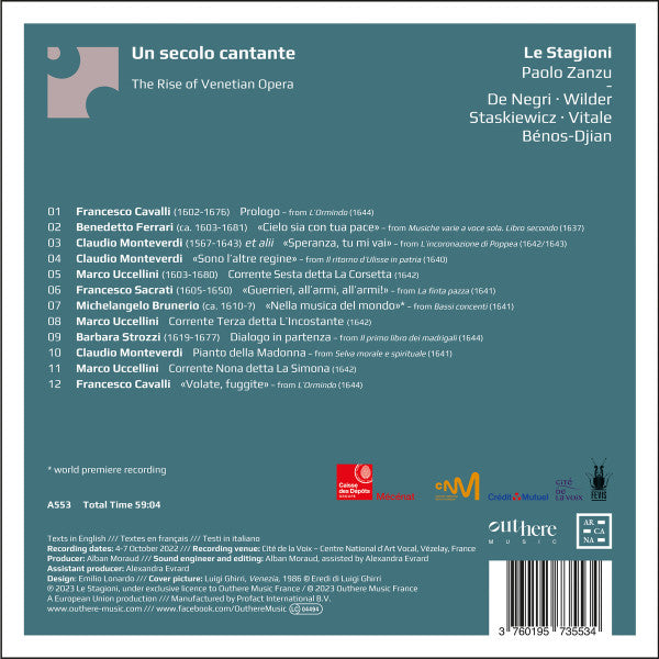 Le Stagioni, Paolo Zanzu, Emmanuelle de Negri ▪ Zachary Wilder ▪ Blandine Staskiewicz ▪ Salvo Vitale ▪ Paul-Antoine Bénos-Djian : Un Secolo Cantante - The Rise Of Venetian Opera (CD, Album)