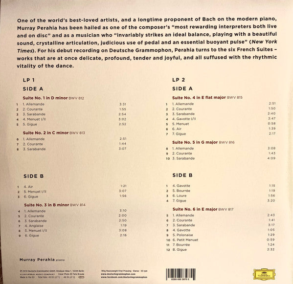 Johann Sebastian Bach, Murray Perahia : The French Suites (2xLP, RE)