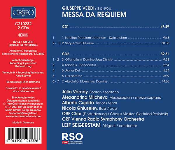 Giuseppe Verdi : Iulia Várady, Alexandrina Milcheva, Alberto Cupido, Nicola Ghiuselev, ORF-Chor, ORF Radio-Symphonieorchester Wien, Leif Segerstam : Messa Da Requiem (2xCD, Album, RM)