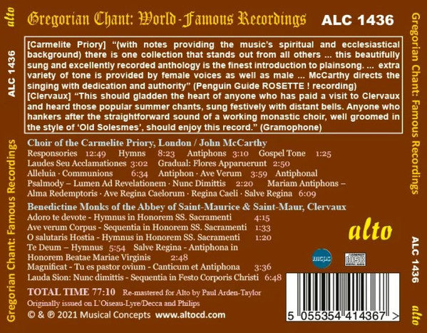 Choir Of The Carmelite Priory London, John McCarthy, Benediktiner Mönche Der Abtei Saint-Maurice & Saint-Maur : Gregorian Chant: World Famous Recordings (CD, Comp, RM)