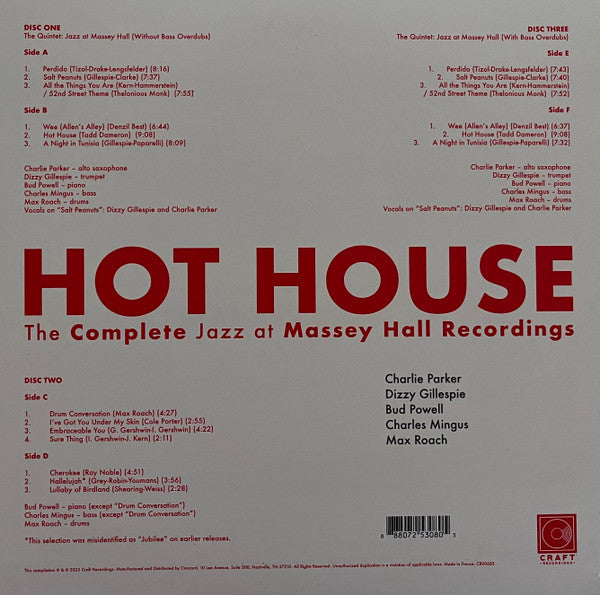 Charlie Parker, Dizzy Gillespie, Bud Powell, Charles Mingus, Max Roach : Hot House (The Complete Jazz At Massey Hall Recordings) (3xLP, 180 + Box, Comp, Ltd)
