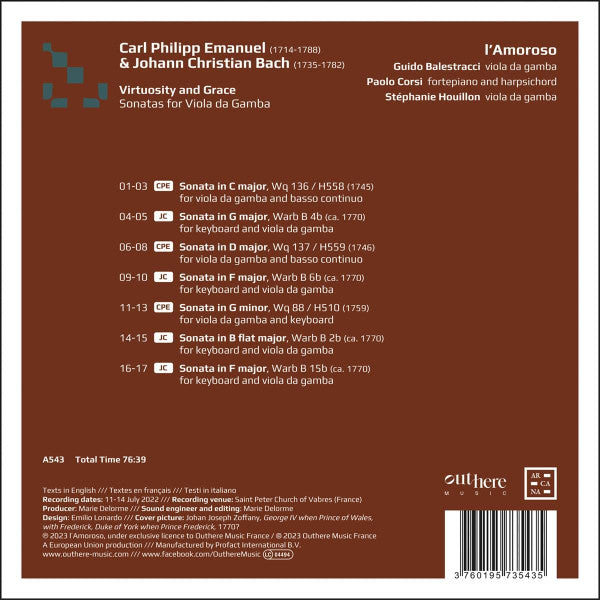 Carl Philipp Emanuel Bach & Johann Christian Bach – Guido Balestracci, Paolo Corsi (2), Stéphanie Houillon : Virtuosity And Grace – Sonatas For Viola Da Gamba (CD, Album)