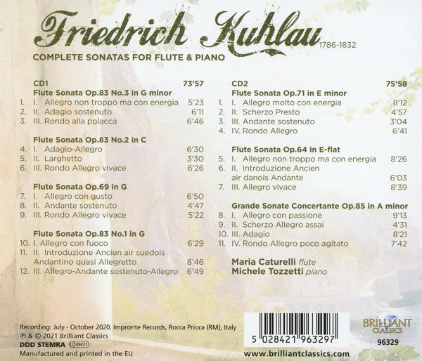 Daniel Friedrich Rudolph Kuhlau, Maria Caturelli, Michele Tozzetti : Complete Sonatas For Flute & Piano (2xCD, Album)