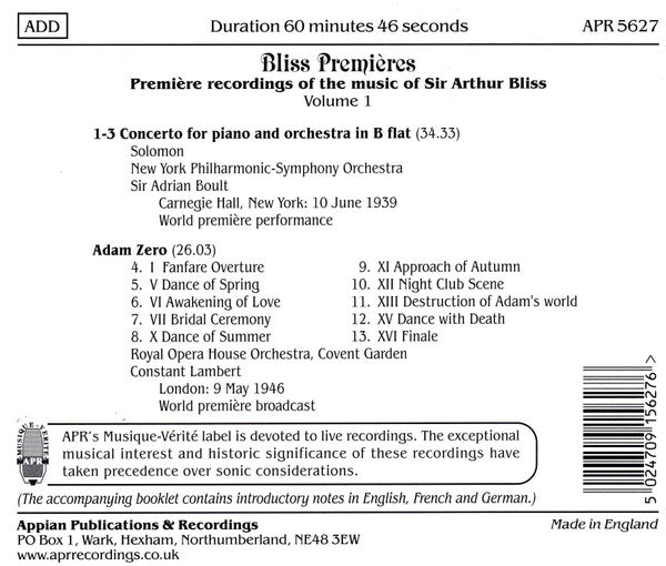 Arthur Bliss, Constant Lambert, Sir Adrian Boult : Bliss Premieres Volume 1 (CD, Comp)