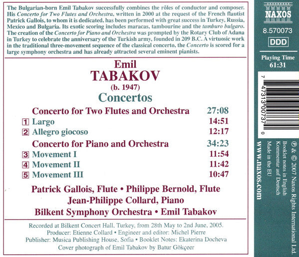 Emil Tabakov, Bilkent Symphony Orchestra : Concerto For Two Flutes / Piano Concerto (CD)
