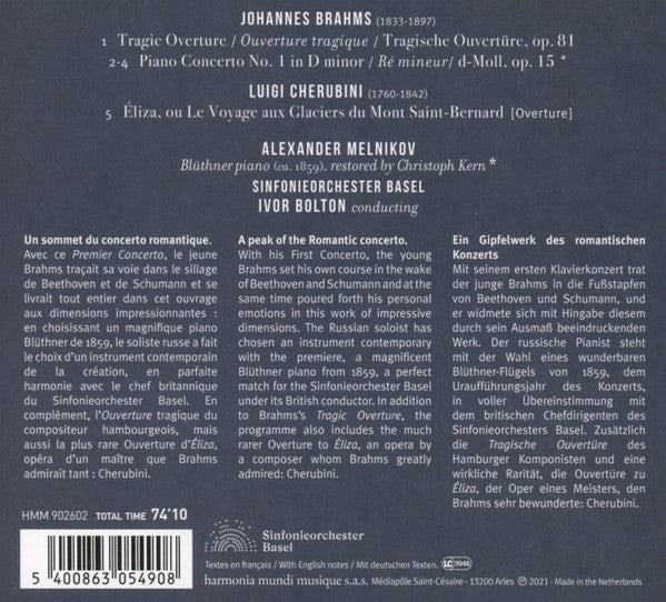 Johannes Brahms, Luigi Cherubini, Alexander Melnikov, Sinfonieorchester Basel, Ivor Bolton : Piano Concerto No. 1 & Tragic Overture • Éliza (Overture) (CD, Album)