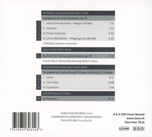 Sebastian Bohren, Kammerphilharmonie Graubünden, Philippe Bach, Gion Antoni Derungs, Raffaele d'Alessandro, Paul Juon, Oliver Waespi : Grischuns Dal Cor (CD, Album)