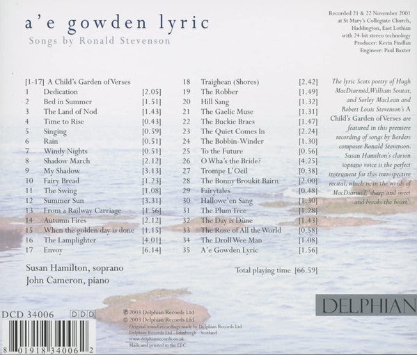 Ronald Stevenson - Susan Hamilton (2), John Cameron (9) : A'e Gowden Lyric - Songs By Ronald Stevenson (CD, Album)