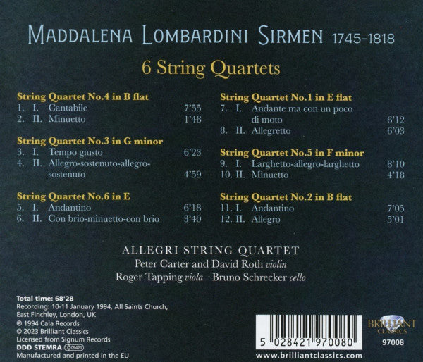 Maddalena Lombardini Sirmen*, The Allegri String Quartet : 6 String Quartets (CD, Album)