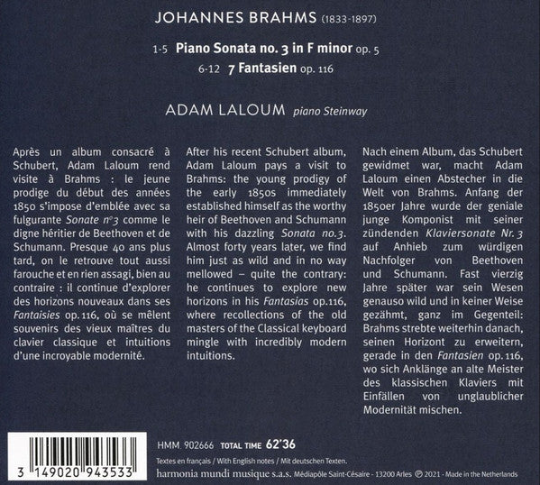 Adam Laloum, Johannes Brahms : Piano Sonatas, op. 5 / 7 Fantasien, op. 116 (CD, Album)