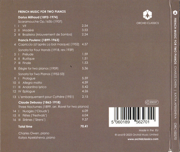Charles Owen (2), Katya Apekisheva, Francis Poulenc, Claude Debussy, Darius Milhaud : French Music For Two Pianos (CD)