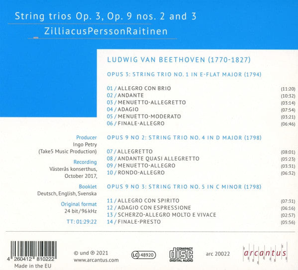 Ludwig van Beethoven, Stråktrion ZilliacusPerssonRaitinen : String Trios Op. 3, Op. 9 Nos. 2 And 3 (CD, Album)