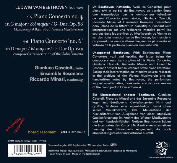 Ludwig van Beethoven, Gianluca Cascioli, Ensemble Resonanz, Riccardo Minasi : Piano Concertos Nos. 4 Op. 58 & 6 Op. 61a (CD, Album)