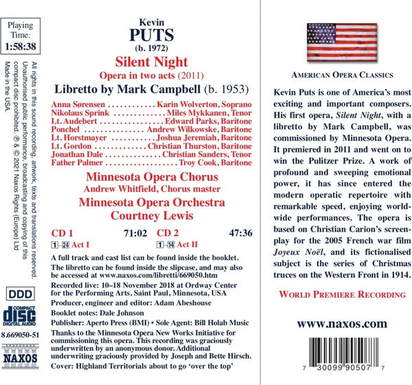 Kevin Puts, Mark Campbell (18), Karin Wolverton, Miles Mykkanen, Edward Parks, Andrew Wilkowske, Joshua Jeremiah, Christian Thurston, Christian Sanders (2), Troy Cook (4), Stephen Martin (15), Charles Eaton (2), Minnesota Opera, Courtney Lewis (2) : Silent Night (2xCD, Album)