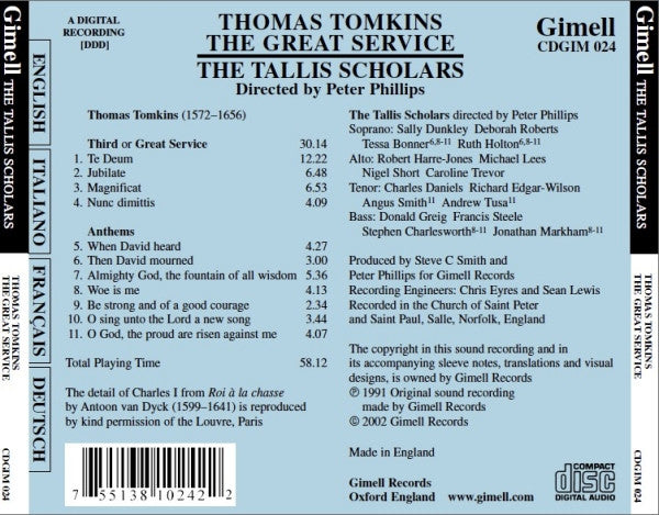 Thomas Tomkins - The Tallis Scholars Directed By Peter Phillips (2) : The Great Service (CD, Album, RE)