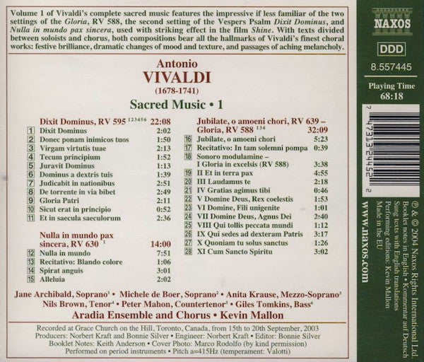 Antonio Vivaldi, Jane Archibald, Anita Krause, Aradia Ensemble, Kevin Mallon : Dixit Dominus, RV 595 • Gloria, RV 588 • Nulla In Mundo Pax Sincera (CD, Album)