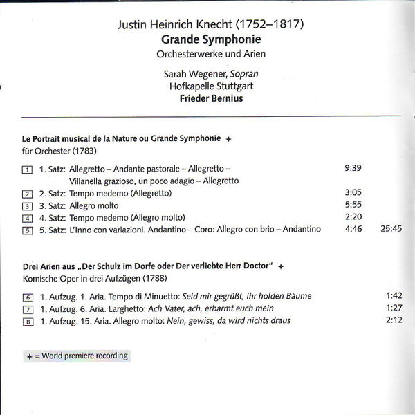 Justin Heinrich Knecht, Sarah Wegener, Hofkapelle Stuttgart, Frieder Bernius : Grande Symphonie: Orchesterwerke Und Arien (CD)