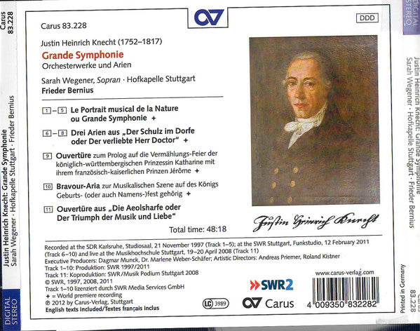 Justin Heinrich Knecht, Sarah Wegener, Hofkapelle Stuttgart, Frieder Bernius : Grande Symphonie: Orchesterwerke Und Arien (CD)