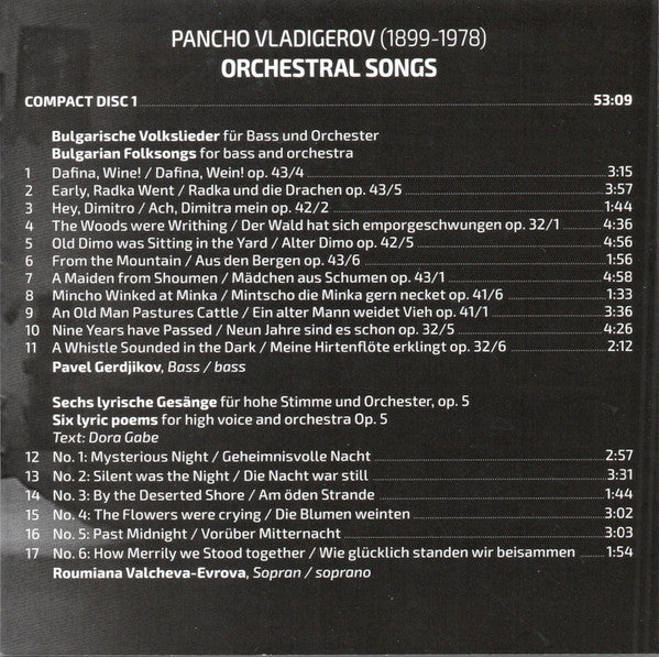 Pancho Vladigerov – Павел Герджиков, Румяна Еврова, Мария Венцеславова, Эвелина Стоицева, Bulgarian Radio Symphony Orchestra, Alexander Vladigerov : Orchestral Songs (2xCD, Comp)